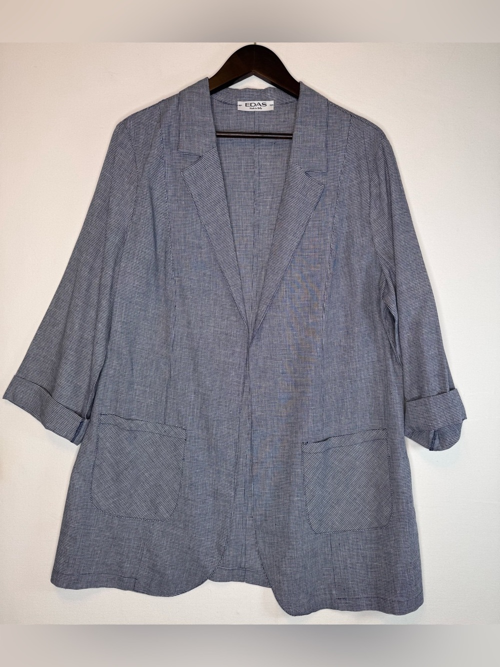 Edas Italy Women's Blazer Navy Houndstooth boyfriend cut Sz 12 linen blend
